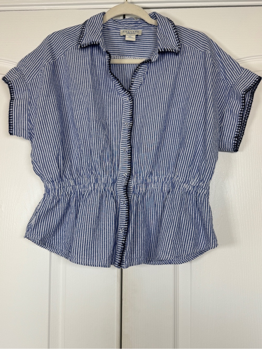 Calypso St. Barth Linen Blend Striped Peplum Button Front Blouse Medium - Picture 2 of 13